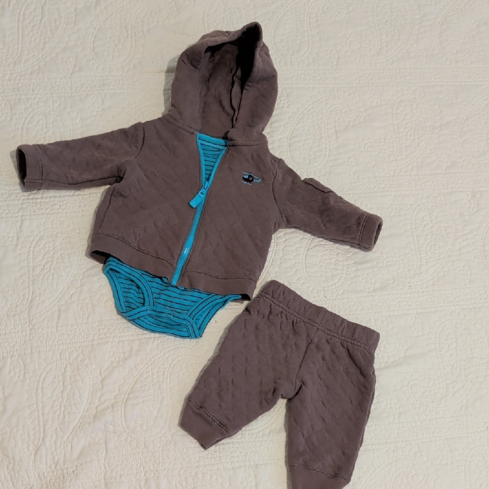 Carter's Brown Hoodie & Pants Set with Teal Blue Striped Onesie